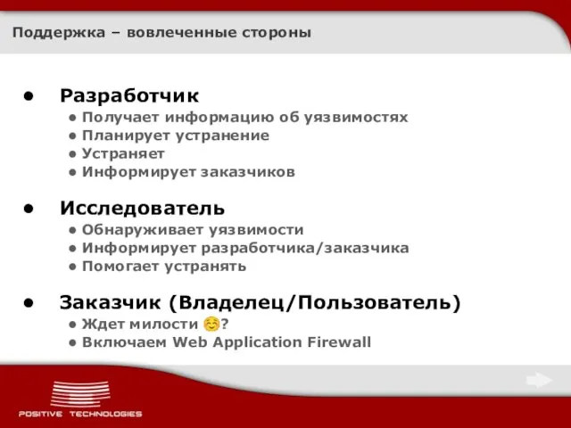 Поддержка – вовлеченные стороны Разработчик Получает информацию об уязвимостях Планирует устранение Устраняет