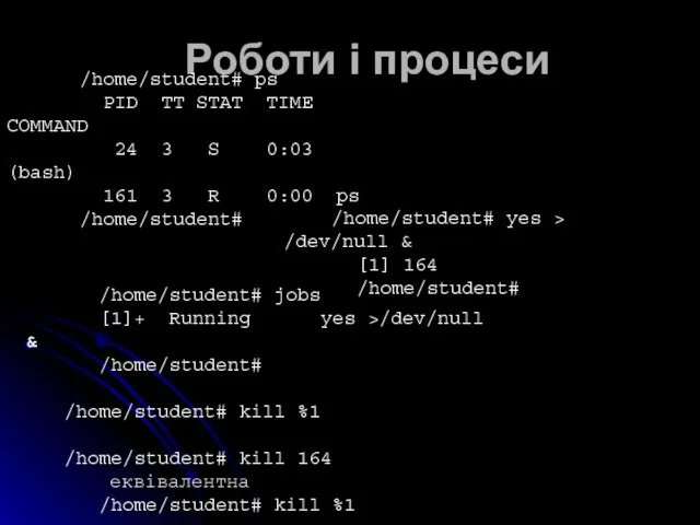 Роботи і процеси /home/student# ps PID TT STAT TIME COMMAND 24 3