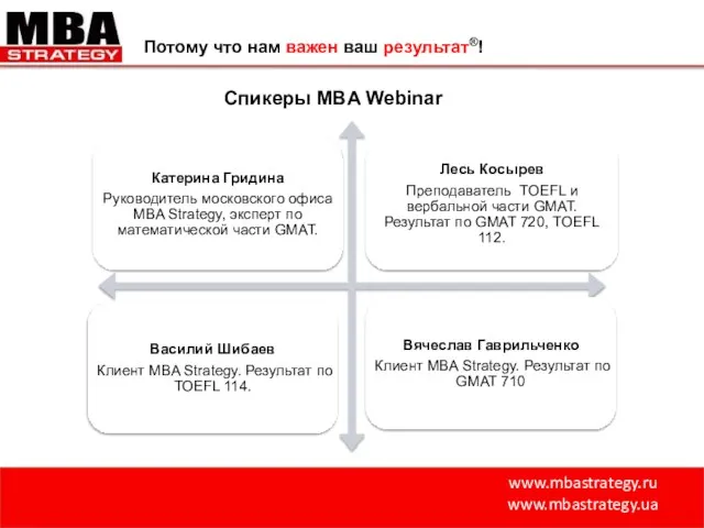 www.mbastrategy.ru www.mbastrategy.ua Потому что нам важен ваш результат®! Спикеры MBA Webinar