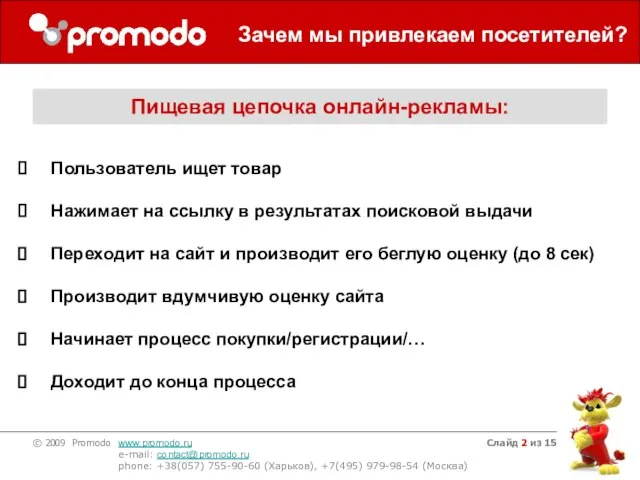 Слайд из 15 Зачем мы привлекаем посетителей? Пищевая цепочка онлайн-рекламы: Пользователь ищет