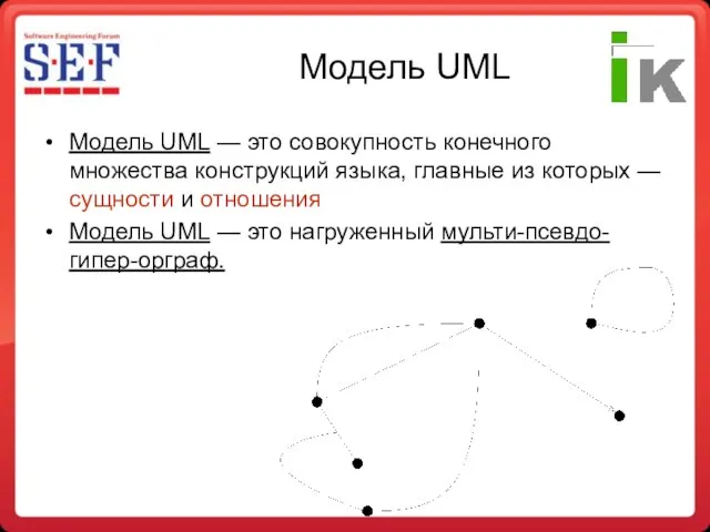 Модель UML Модель UML — это совокупность конечного множества конструкций языка, главные