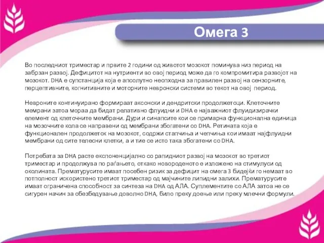 Омега 3 Во последниот триместар и првите 2 години од животот мозокот