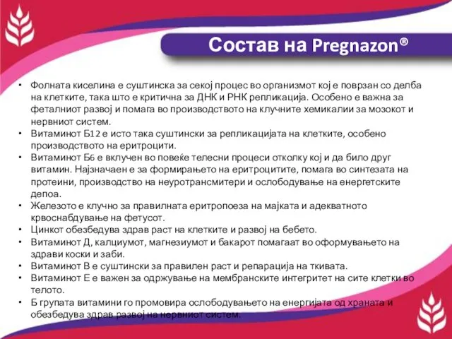 Состав на Pregnazon® Фолната киселина е суштинска за секој процес во организмот