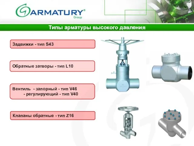 Типы арматуры высокого давления Обратные затворы - тип L10