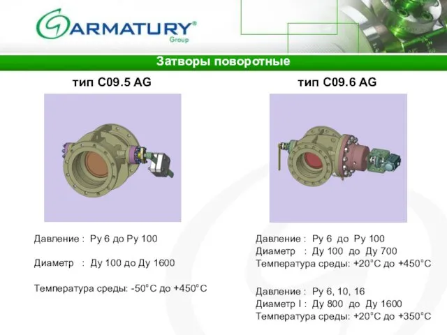 Затворы поворотные тип C09.5 AG тип C09.6 AG Давление : Ру 6