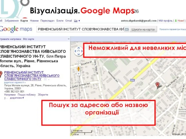 Візуалізація.Google Maps 7/ Візуалізація Пошук за адресою або назвою організації Неможливий для невеликих міст.