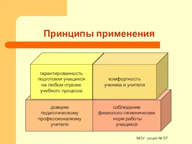 МОУ лицей № 57 Принципы применения доверие педагогическому профессионализму учителя соблюдение физиолого-гигиенических