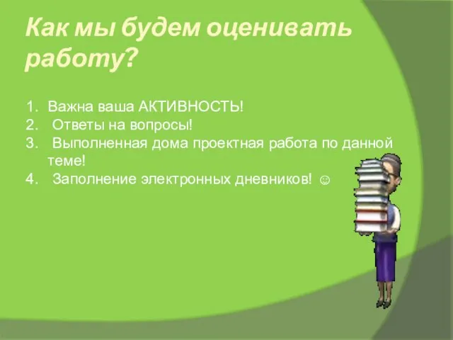 Как мы будем оценивать работу? Важна ваша АКТИВНОСТЬ! Ответы на вопросы! Выполненная