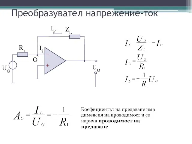 Преобразувател напрежение-ток Коефициентът на предаване има дименсия на проводимост и се нарича проводимост на предаване