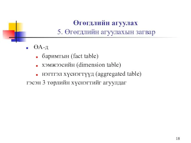 Өгөгдлийн агуулах 5. Өгөгдлийн агуулахын загвар ӨА-д баримтын (fact table) хэмжээсийн (dimension