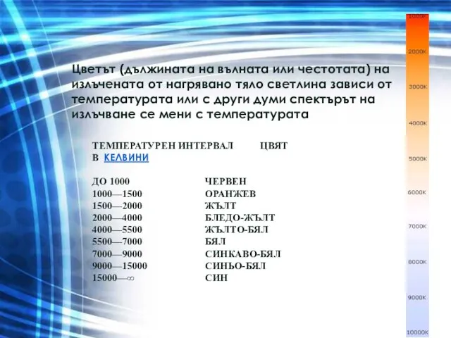 ТЕМПЕРАТУРЕН ИНТЕРВАЛ ЦВЯТ В КЕЛВИНИ ДО 1000 ЧЕРВЕН 1000—1500 ОРАНЖЕВ 1500—2000 ЖЪЛТ