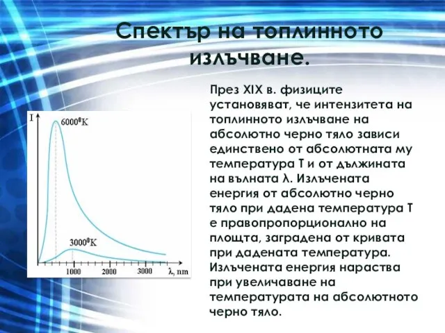 Спектър на топлинното излъчване. През XIX в. физиците установяват, че интензитета на