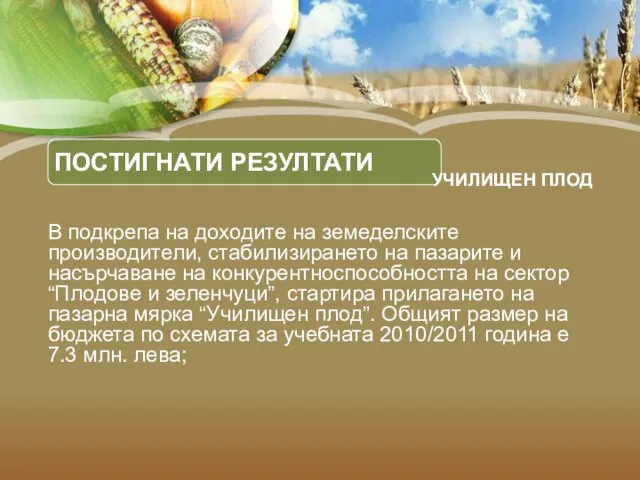 ПОСТИГНАТИ РЕЗУЛТАТИ В подкрепа на доходите на земеделските производители, стабилизирането на пазарите