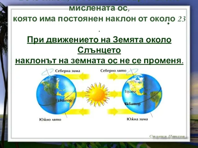 Вече знаем,че Земята се върти около мислената ос, която има постоянен наклон