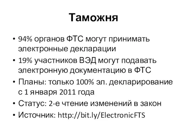 Таможня 94% органов ФТС могут принимать электронные декларации 19% участников ВЭД могут