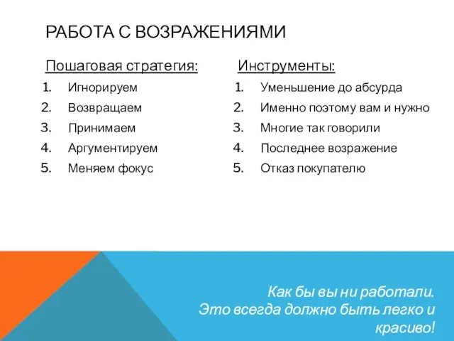 РАБОТА С ВОЗРАЖЕНИЯМИ Пошаговая стратегия: Игнорируем Возвращаем Принимаем Аргументируем Меняем фокус Инструменты: