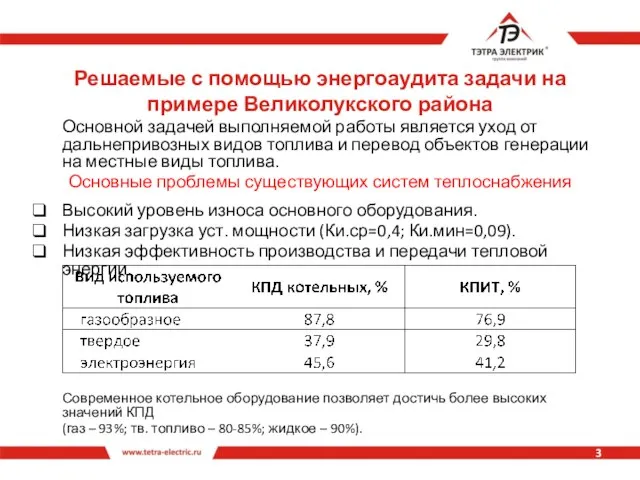 Решаемые с помощью энергоаудита задачи на примере Великолукского района Основной задачей выполняемой