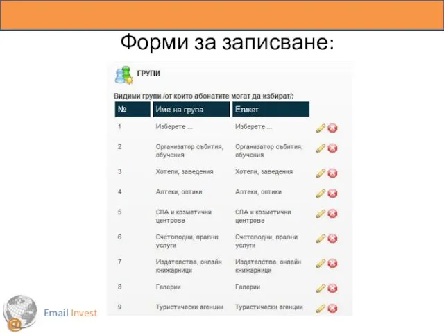 Email Invest Форми за записване: