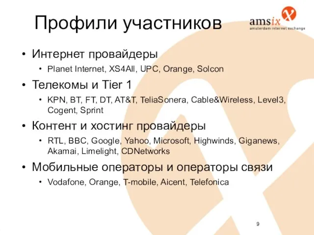 Профили участников Интернет провайдеры Planet Internet, XS4All, UPC, Orange, Solcon Телекомы и