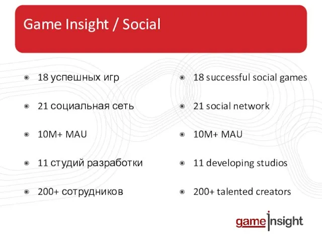 Game Insight / Social 18 успешных игр 21 социальная сеть 10M+ MAU
