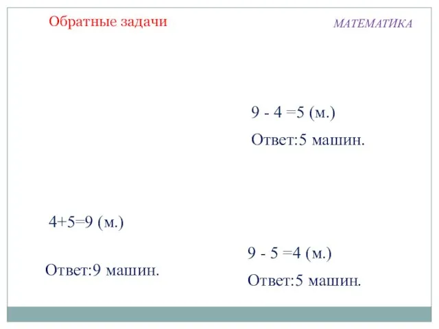 4+5=9 (м.) Ответ:9 машин. 9 - 4 =5 (м.) Ответ:5 машин. 9