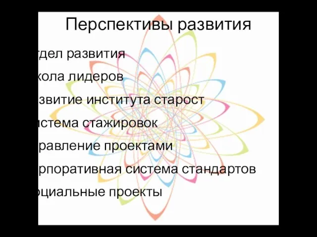 Перспективы развития Отдел развития Школа лидеров Развитие института старост Система стажировок Управление