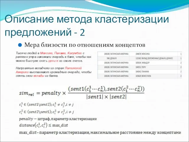 Описание метода кластеризации предложений - 2 Мера близости по отношениям концептов Тысячи