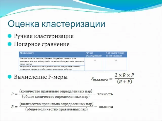 Оценка кластеризации Ручная кластеризация Попарное сравнение Вычисление F-меры