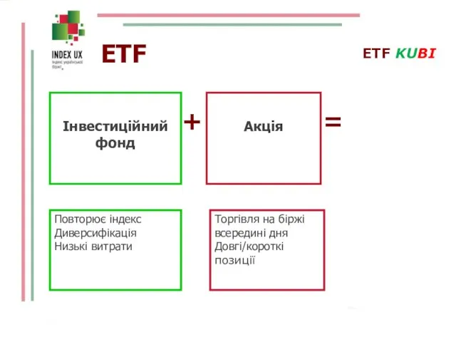 + = ETF Інвестиційний фонд Акція ETF KUBI Повторює індекс Диверсифікація Низькі