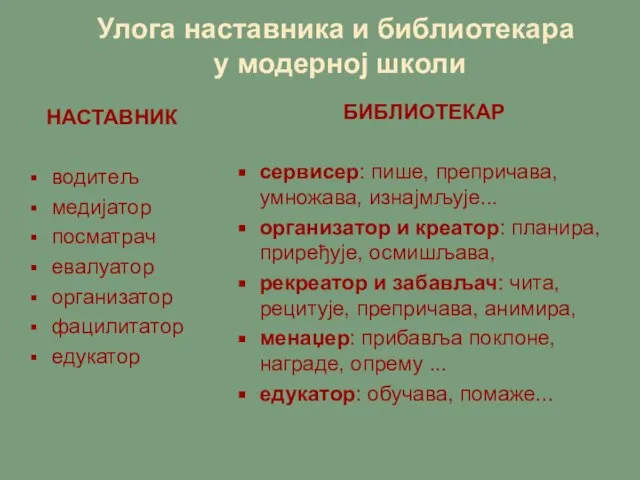 Улога наставника и библиотекара у модерној школи НАСТАВНИК водитељ медијатор посматрач евалуатор