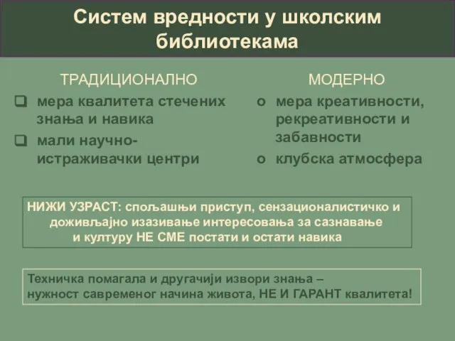 Систем вредности у школским библиотекама ТРАДИЦИОНАЛНО мера квалитета стечених знања и навика