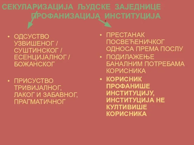 СЕКУЛАРИЗАЦИЈА ЉУДСКЕ ЗАЈЕДНИЦЕ ПРОФАНИЗАЦИЈА ИНСТИТУЦИЈА ОДСУСТВО УЗВИШЕНОГ / СУШТИНСКОГ / ЕСЕНЦИЈАЛНОГ /