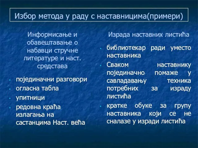 Избор метода у раду с наставницима(примери) Информисање и обавештавање о набавци стручне