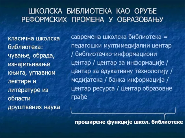 ШКОЛСКА БИБЛИОТЕКА КАО ОРУЂЕ РЕФОРМСКИХ ПРОМЕНА У ОБРАЗОВАЊУ класична школска библиотека: чување,