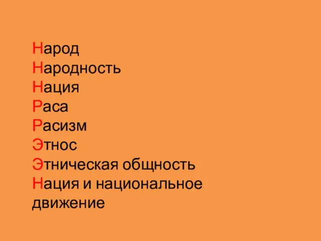 Народ Народность Нация Раса Расизм Этнос Этническая общность Нация и национальное движение