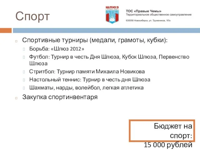 Спорт Спортивные турниры (медали, грамоты, кубки): Борьба: «Шлюз 2012» Футбол: Турнир в