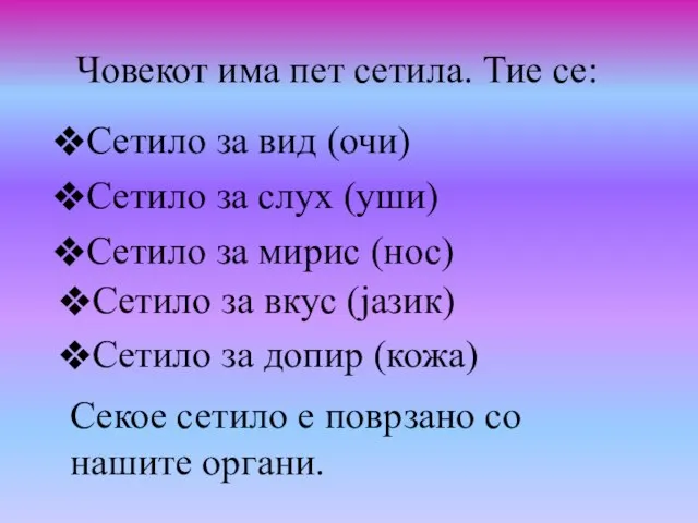 Човекот има пет сетила. Тие се: Сетило за вид (очи) Сетило за