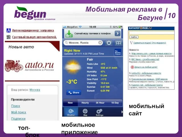 топ-блок Мобильная реклама в Бегуне мобильное приложение мобильный сайт 10