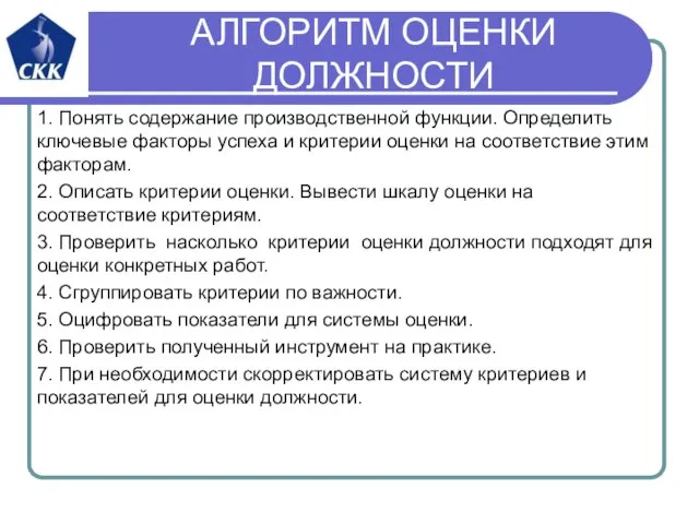 АЛГОРИТМ ОЦЕНКИ ДОЛЖНОСТИ 1. Понять содержание производственной функции. Определить ключевые факторы успеха