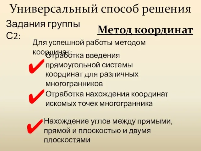 Задания группы С2: Универсальный способ решения Метод координат Для успешной работы методом