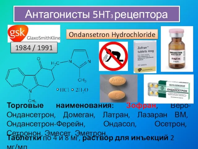 Антагонисты 5HT3 рецептора Ondansetron Hydrochloride 1984 / 1991 Таблетки по 4 и