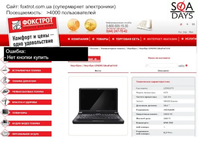 Сайт: foxtrot.com.ua (супермаркет электроники) Посещаемость: >4000 пользователей Ошибка: Нет кнопки купить