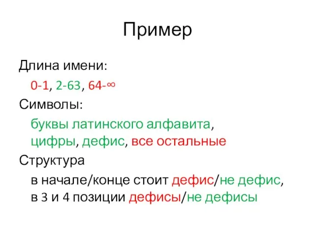 Пример Длина имени: 0-1, 2-63, 64-∞ Символы: буквы латинского алфавита, цифры, дефис,