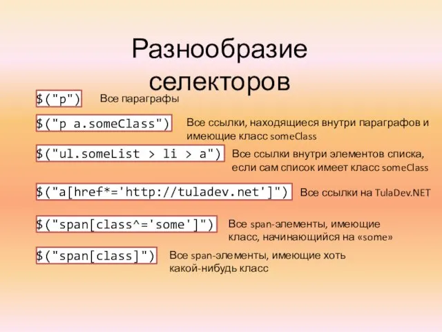 Разнообразие селекторов $("p a.someClass") $("ul.someList > li > a") $("a[href*='http://tuladev.net']") $("span[class^='some']") $("span[class]")