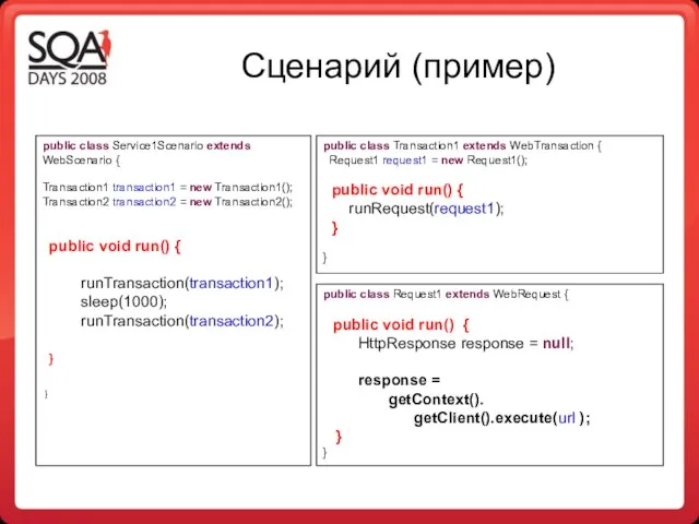 Сценарий (пример) public class Service1Scenario extends WebScenario { Transaction1 transaction1 = new