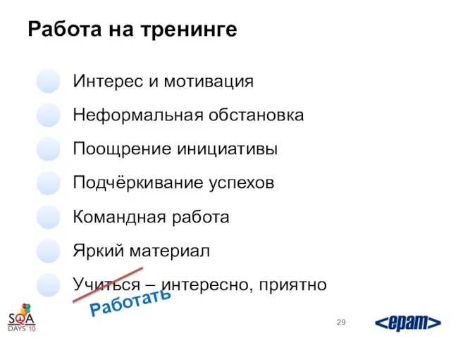 Работа на тренинге Интерес и мотивация Неформальная обстановка Поощрение инициативы Подчёркивание успехов