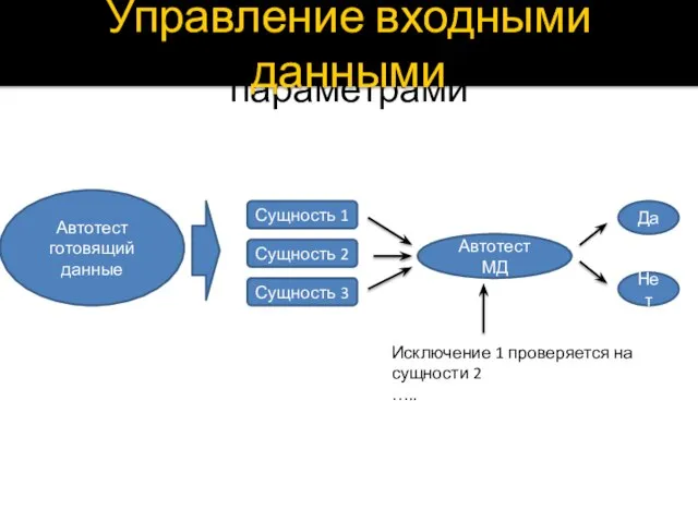 Управление входными параметрами Управление входными данными Автотест готовящий данные Сущность 1 Сущность