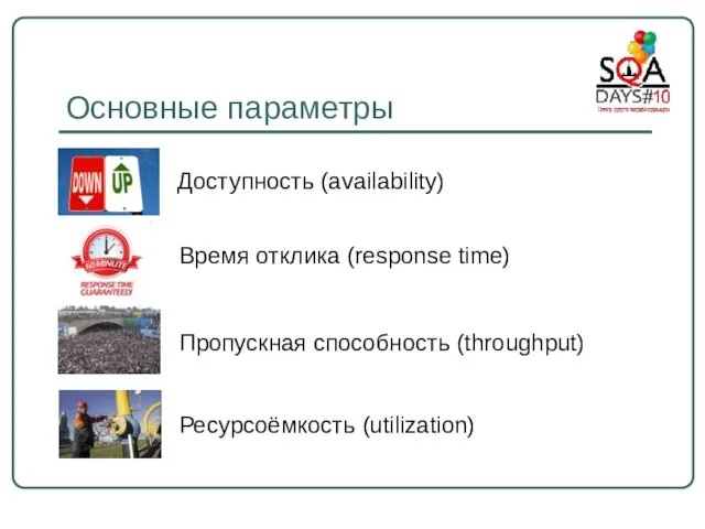 Основные параметры Пропускная способность (throughput) Время отклика (response time) Доступность (availability)