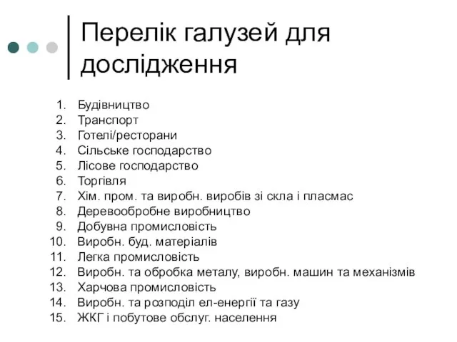 Перелік галузей для дослідження Будівництво Транспорт Готелі/ресторани Сільське господарство Лісове господарство Торгівля