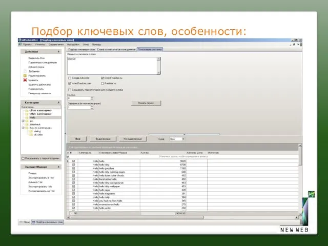 Подбор ключевых слов, особенности: